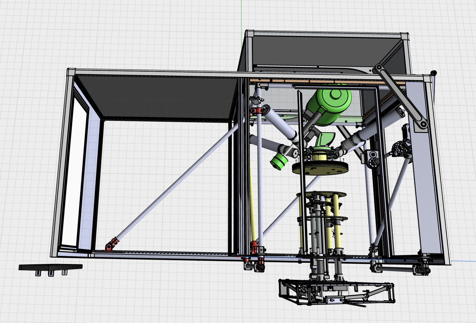 Version 2 of the mobile observatory being designed in 3D CAD — frame, damping trains, pier, and tripod modeled