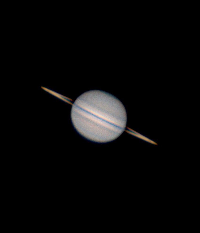 Saturn, rings closing toward edge-on, captured from the prototype